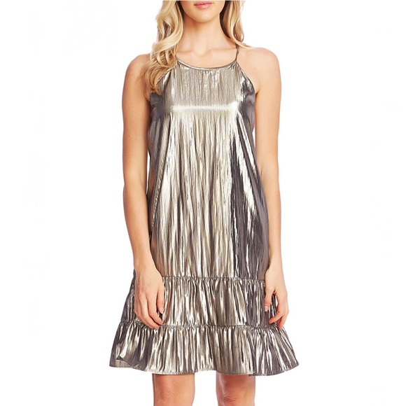 CECE Dress Halter Neck Silver Lamé Tiered Ruffle - Picture 5 of 5
